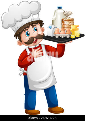 Chef homme tenant des ingrédients alimentaires sur un plateau personnage de dessin animé isolé sur fond blanc Illustration de Vecteur