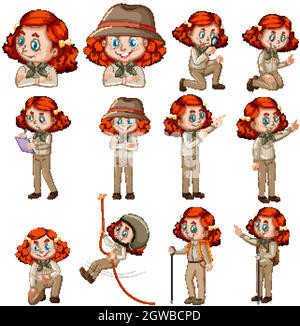 Ensemble de cheveux rouges fille dans la tenue safari faisant différentes choses Illustration de Vecteur