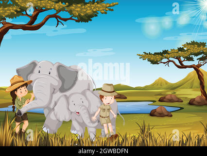 Zoogardien avec éléphant dans le zoo Illustration de Vecteur