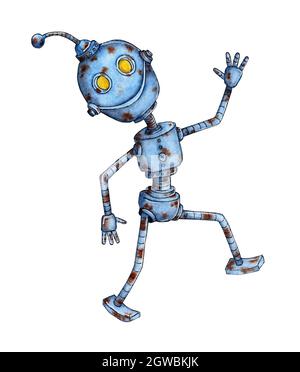 Illustration aquarelle d'un drôle de robot joyeux marchant joyeusement. Vieux robot couvert de rouille, apocalypse. Image amusante pour les enfants. Isolé sur blanc Banque D'Images