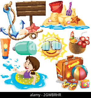 Ensemble d'objets isolés thème vacances d'été Illustration de Vecteur
