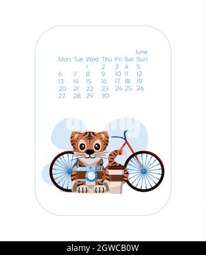 Modèle de conception de calendrier pour 2022 année de bleu Tiger chinois nouvelle année. juin Vector stock illustration plate.Mois de dessin animé pour le calendrier Illustration de Vecteur