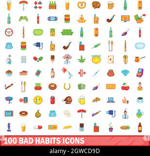 100 mauvaises habitudes icons set, cartoon style Illustration de Vecteur