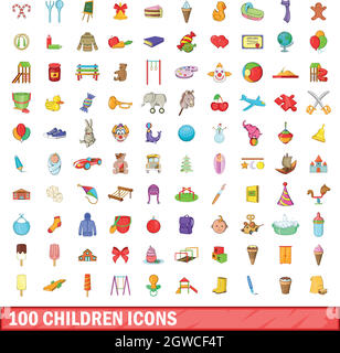 100 enfants icons set, cartoon style Illustration de Vecteur