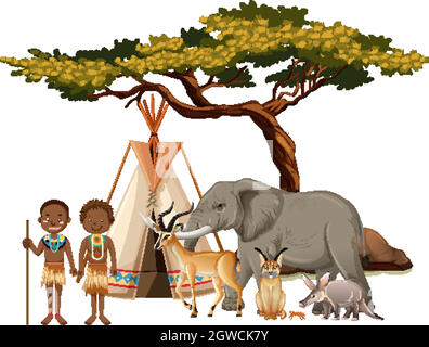 Tribu africaine avec groupe d'animaux sauvages africains sur fond blanc Illustration de Vecteur