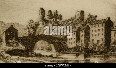 Ruines du château de Barnard dans la ville historique qui porte son nom, château de Barnard, comté de Durham, Angleterre. Le château se dresse sur un haut rocher au-dessus d'un pont voûté en pierre qui enjambe la rivière Tees et porte le nom de son fondateur de 1100s, Bernard de Balliol. Le pont date de 1300s et a parfois été appelé « pont du comté » comme il était autrefois sur la frontière entre le comté de Durham et le Yorkshire. Gravure sur papier par Joseph F Pimm, artiste aquarelle, graveur et graveur (1900 - 1972). Banque D'Images