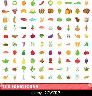 100 icons set ferme, style cartoon Illustration de Vecteur