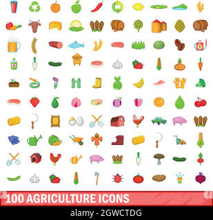 100 l'agriculture, l'ensemble des icônes de style cartoon Illustration de Vecteur