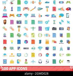 100 app icons set, cartoon style Illustration de Vecteur