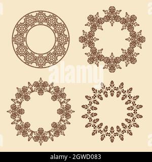 Ensemble vectoriel d'ornements de cadres circulaires. Quatre bordures ovales ornementales à motifs. Cadre circulaire. Illustration de Vecteur