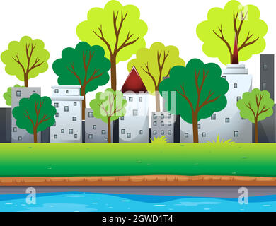 Bâtiments de la ville et arbres le long de la rivière Illustration de Vecteur