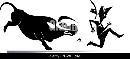 Illustration d'un fermier ou d'un cow-boy et d'un taureau en colère. Un fermier ou un cow-boy effrayé s'éloigne du taureau en colère noir sur blanc Illustration de Vecteur