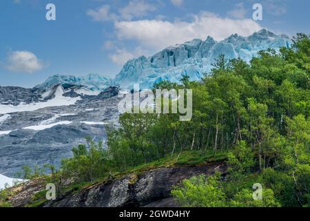 LOEN, NORVÈGE - 2020 JUIN 20. Vue sur le glacier de Briksdalsbreen depuis le bas avec des arbres verts en face. Banque D'Images