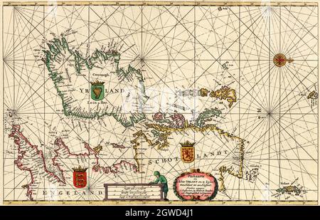 'Paskaarte om achter Yrlant om te zeylen, van Hitlant tot aen Heÿssant.' Tranlation: Carte de l'Irlande au-delà de Zeylen, de Shetland à Ouessant. La carte créée en 1658 a été réalisée par Hendrick Doncker (1626-1699), libraire et éditeur à Amsterdam au XVIIe siècle. Ses atlas de mer sont basés sur son propre travail et ont été connus pour leur exactitude. NB cette version a été modifiée et de taille réduite. Banque D'Images