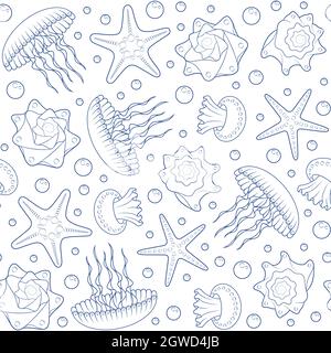 Arrière-plan avec des étoiles de mer, des coquillages et des méduses. Motif vectoriel transparent. Illustration de Vecteur