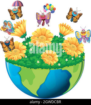 Thème de la terre avec papillons et fleurs Illustration de Vecteur