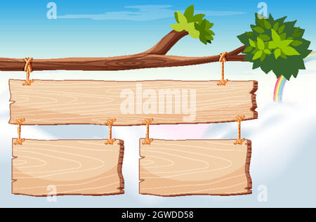 Modèle d'affiche en bois avec le ciel en arrière-plan Illustration de Vecteur