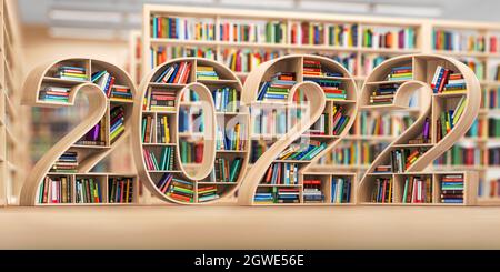 2022 concept d'éducation de la nouvelle année. Librairies avec livres sous forme de texte 2022 dans la bibliothèque. illustration 3d Banque D'Images