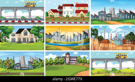 Ensemble de scènes dans le cadre de la nature Illustration de Vecteur