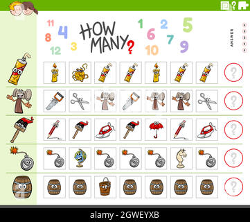 tâche de comptage pour les enfants avec des objets de dessin animé Illustration de Vecteur