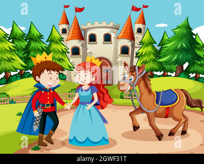 Scène avec prince et princesse au château Illustration de Vecteur