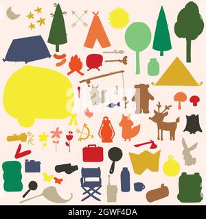 Voyage en camping. Remorque tirée à la main, tentes, pêche, feu de camp, nature, animaux. Bois en plein air. Silhouette colorée. Illustration de Vecteur