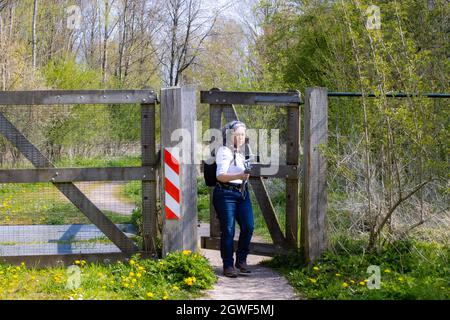 Femme touriste passant une clôture avec son téléphone portable gimbal tête tripode stabilisateur en main, Oostvaardersplassen réserve naturelle, arbres dans le backgroun Banque D'Images