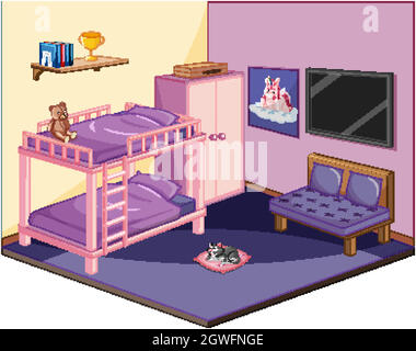 Chambre à coucher de couleur rose isométrique Illustration de Vecteur