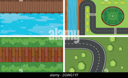 Ensemble de scènes aériennes en vue de dessus dans la nature et à l'extérieur Illustration de Vecteur