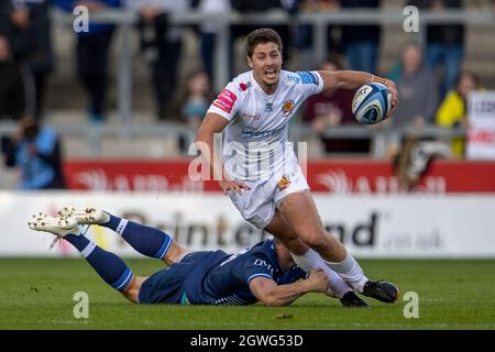 3 octobre 2021; AJ Bell Stadium, Eccles, Greater Manchester, Angleterre: Gallagher Premiership Rugby, sale v Exeter ; Facundo Cordero of Exeter Chiefs est la cheville Banque D'Images