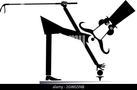 La longue moustache à dessin animé joue l'illustration du golf.Drôle de moustache homme long dans le chapeau supérieur tient un club de golf et met une balle sur le pied noir sur blanc Illustration de Vecteur