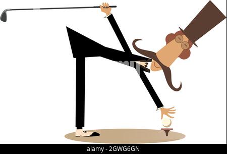 La longue moustache à dessin animé joue l'illustration du golf. Drôle de moustache homme long dans le chapeau supérieur tient un club de golf et met une balle sur le stand isolé sur blanc Illustration de Vecteur