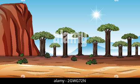 Paysage de la forêt de Savanna africaine à l'heure de la journée Illustration de Vecteur