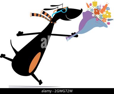 Chien courant avec un bouquet de fleurs illustration. Le chien chanceux de dessin animé tombe amoureux et des hurries pour donner un bouquet de fleurs isolées sur le blanc illustrate Illustration de Vecteur
