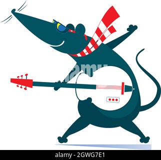Dessin animé rat ou souris joue l'illustration de guitare.Rat ou souris joue de la guitare isolée sur blanc Illustration de Vecteur