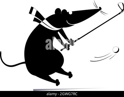 Dessin animé rat ou souris joue l'illustration de golf. Drôles de rat ou de souris essaie de faire un bon coup de pied noir sur blanc Illustration de Vecteur