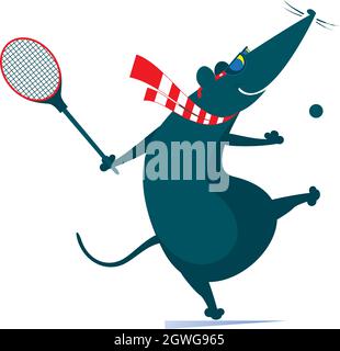 Drôle de rat ou de souris joue l'illustration de tennis.Dessin animé rat ou souris joue au tennis isolé sur blanc Illustration de Vecteur