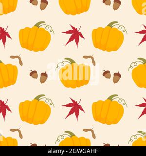 Motif automnal sans coutures avec citrouilles jaunes, feuilles rouges et glands en chêne. Illustration vectorielle dessinée à la main Illustration de Vecteur