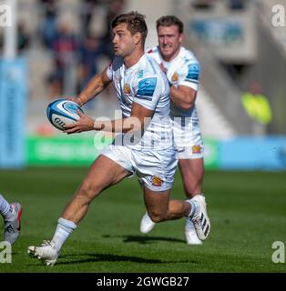 3 octobre 2021; AJ Bell Stadium, Eccles, Greater Manchester, Angleterre: Gallagher Premiership Rugby, sale v Exeter ; Jack Mauder d'Exeter Chiefs avec le ballon Banque D'Images