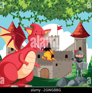 Dragon avec scène de chevalier Illustration de Vecteur