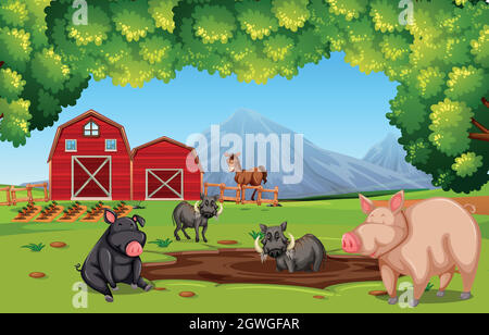 Scène de ferme avec les animaux Illustration de Vecteur