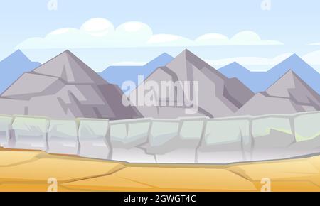 Falaises rocheuses. Gorge transversale. Un échec dans un abîme. Paysage naturel du désert avec pierres. Composition horizontale. Illustration de style dessin animé plat des Illustration de Vecteur