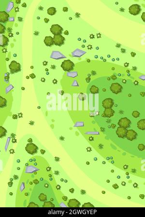 Pelouse vallonnée dans la forêt. Carte. Vue de dessus. Campagne paysage rural. Feuillage vert d'arbres et d'arbustes. Vue de dessus. Illustration d'arrière-plan dans c Illustration de Vecteur