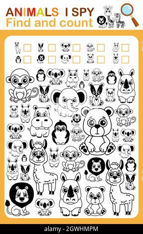 Page de livre de coloriage i SPY. Compter et colorer les animaux du zoo. Feuille de travail imprimable pour la maternelle et la maternelle Illustration de Vecteur