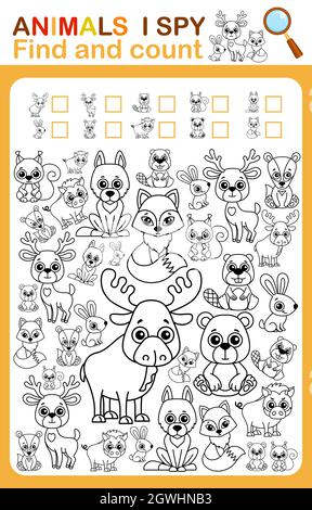 Page de livre de coloriage i SPY. Compter et colorer les animaux sauvages. Feuille de travail imprimable pour la maternelle et la maternelle Illustration de Vecteur