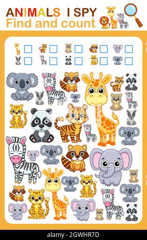 Feuille de travail imprimable pour la maternelle et la page de livre préscolaire i SPY. Comptez les animaux du zoo. Illustration de Vecteur