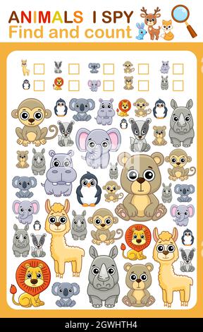 Feuille de travail imprimable pour la maternelle et la page de livre préscolaire i SPY. Comptez les animaux du zoo. Illustration de Vecteur