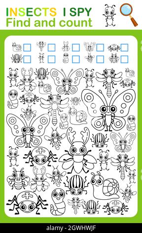 Page de livre de coloriage i SPY. Compter et colorer les insectes. Feuille de travail imprimable pour la maternelle et la maternelle Illustration de Vecteur