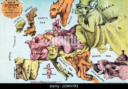 Carte de guerre de l'Europe : vue à travers les yeux français par Paul Hadol. Carte satirique. Banque D'Images