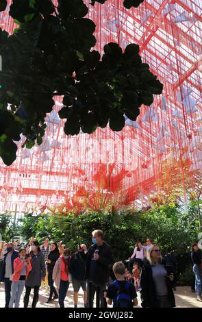 One Thousand Springs, une construction complexe de 5000 haikus suspendu dans une toile de fils rouges, par l'artiste japonais Chiharu Shiota, dans la Temperate House, la pièce maîtresse du Festival du Japon, à Kew Gardens, Londres, Royaume-Uni Banque D'Images